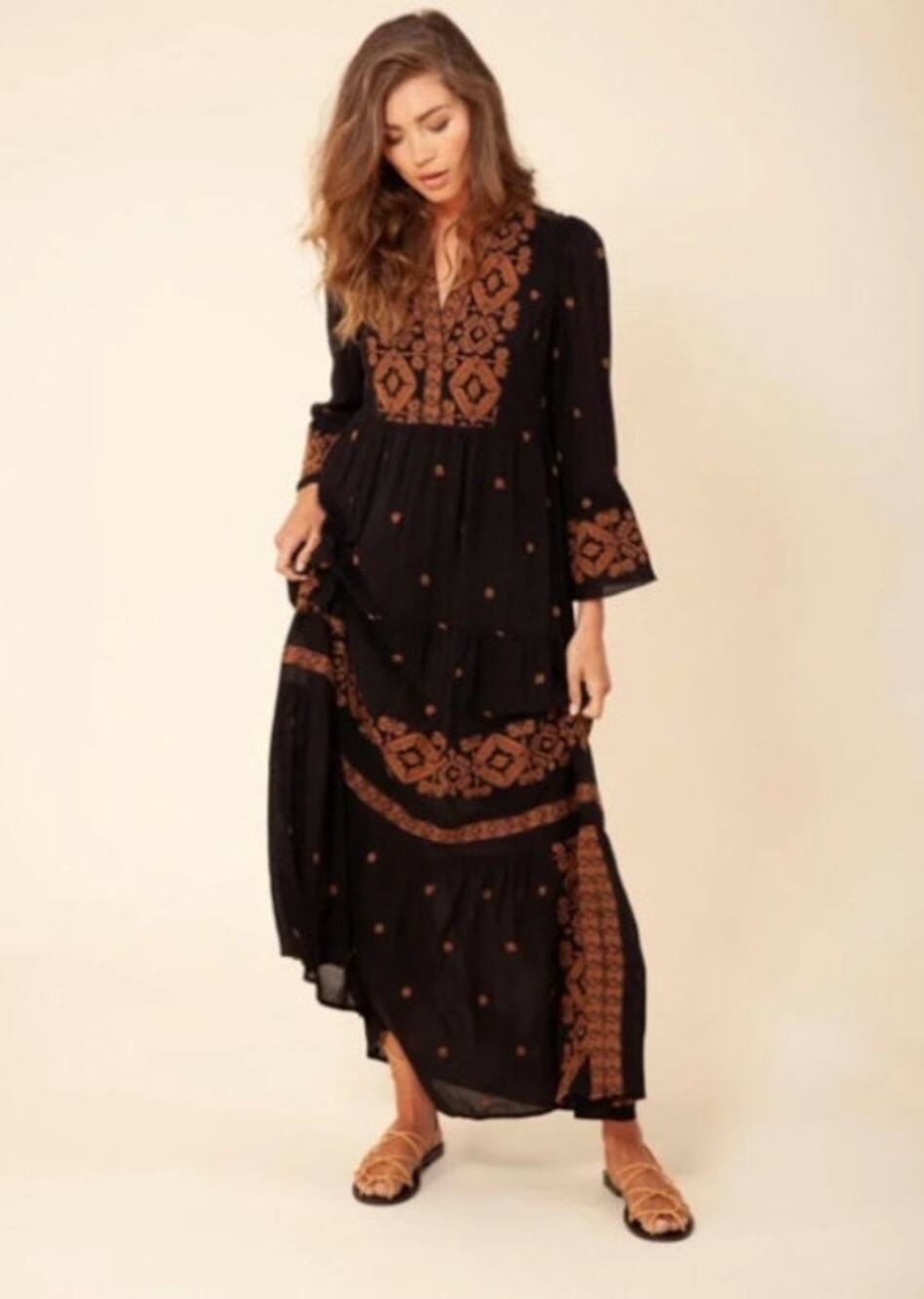 Hale Bob NWT Black Marja Embroidered V-Neck Long Maxi Dress Size S